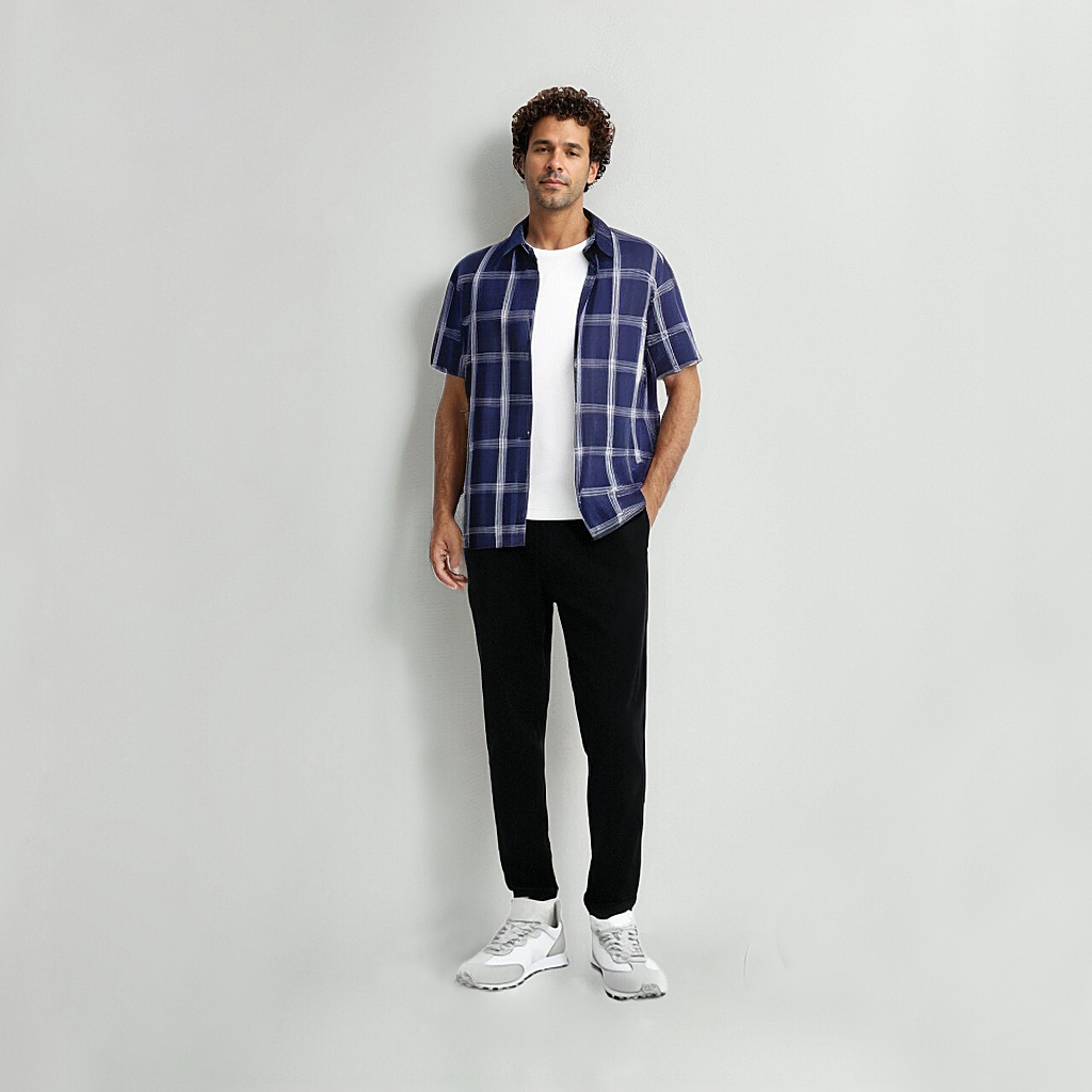 Chemise en lin décontractée à manches courtes pour hommes à carreaux- SOIE PLUS