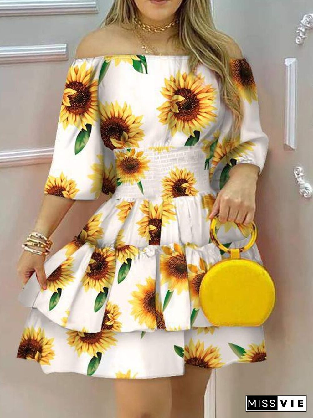 Sexy One Word Collar Backless Party Mini Dress Women Summer Elegant Floral Printed Half