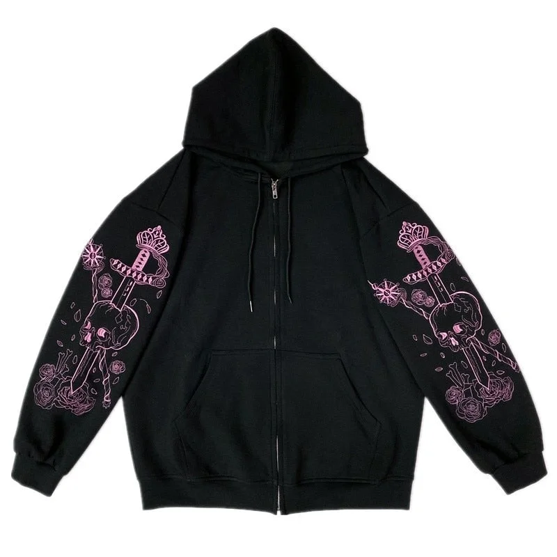 Christmas Gift Y2K Gothic Butterfly Print Oversize Zip Up Hoodies 2021 Winter New Grunge Long Sleeve Sweatshirt Casual Hooded Jacket Streetwear