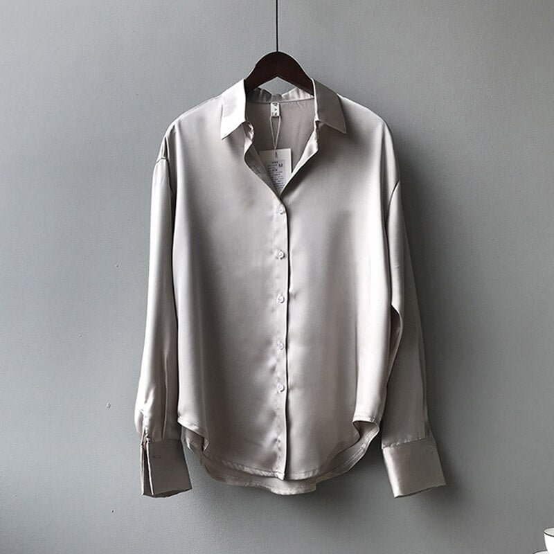Vintage White Long Sleeve Shirts Tops Ladies Elegant Korean Office Shirt Fashion Button Up Satin Silk Shirt Blouse Women 11355