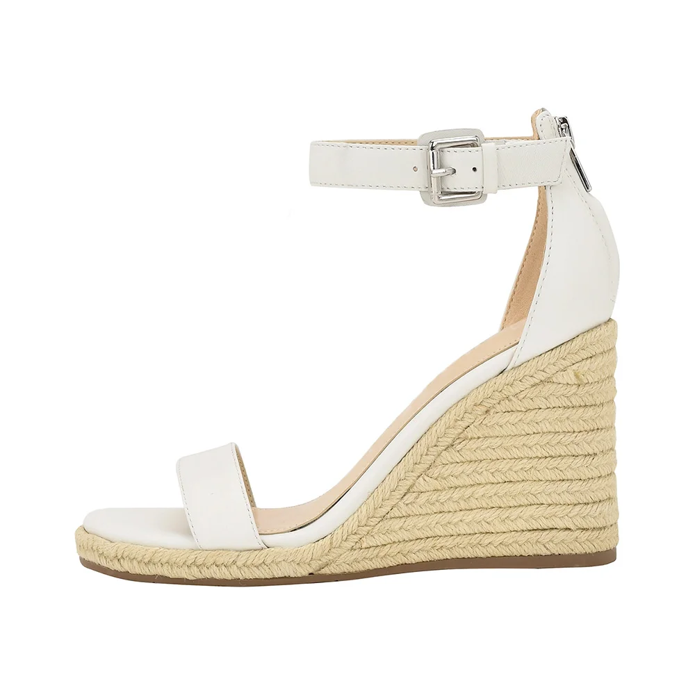 White Round Toe High Heel Ankle Strap Wedge Sandals for Women