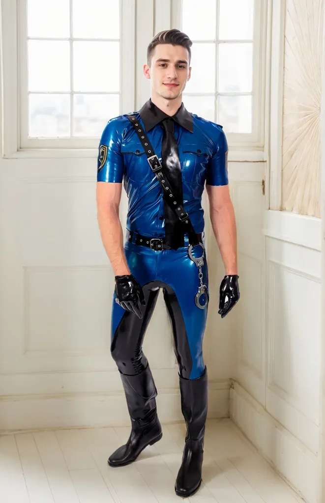 Men's Police-Style Latex Tops Male Short Sleeves Military Uniform Shirt Dark Blue Stylish Top