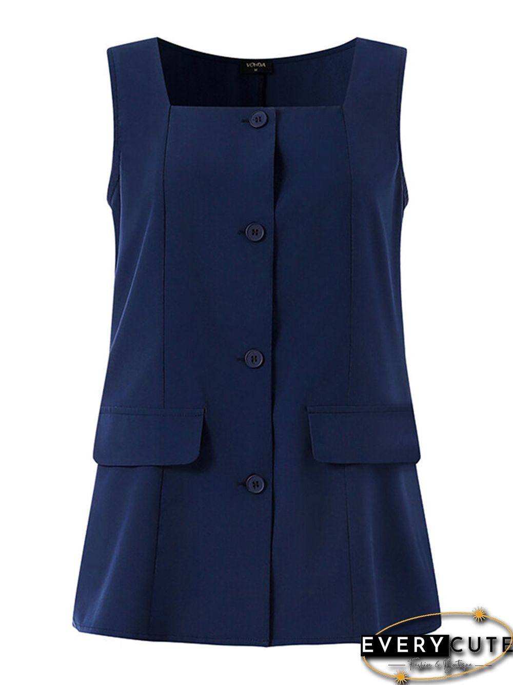 Pocket Details Square Collar Buttons Up Sleeveless Suit