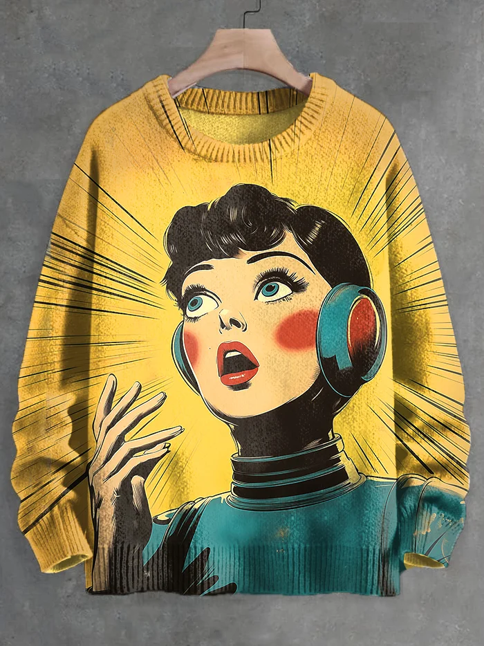 Men's Retro Woman Wearing Headphones Art Print Knit Sweatshirt