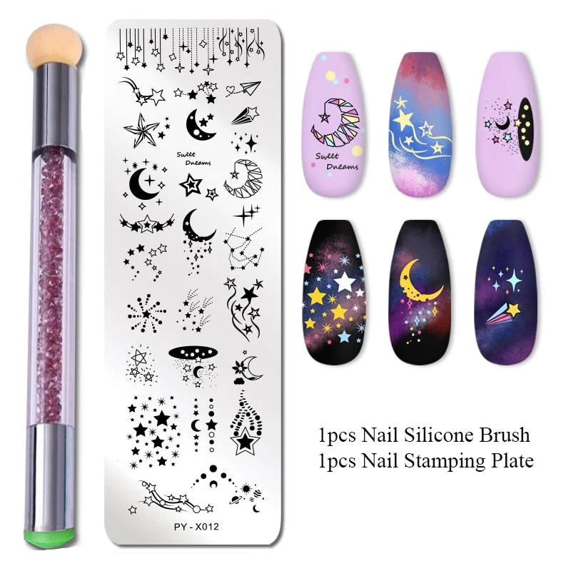 2Pcs Nail Stamping Plates Set Silicone Sponge Brush Polish Transfer Stencils Flower Geometry DIY Template for Nail Tool-Nail Inspo