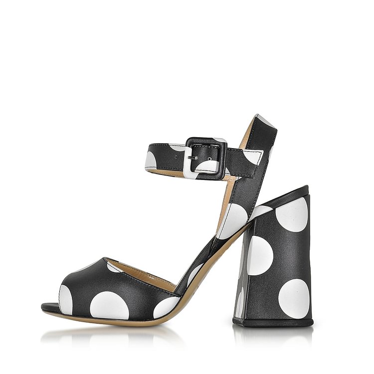Women's Black and White Polka Dots Chunky Heel Sandals |FSJ Shoes