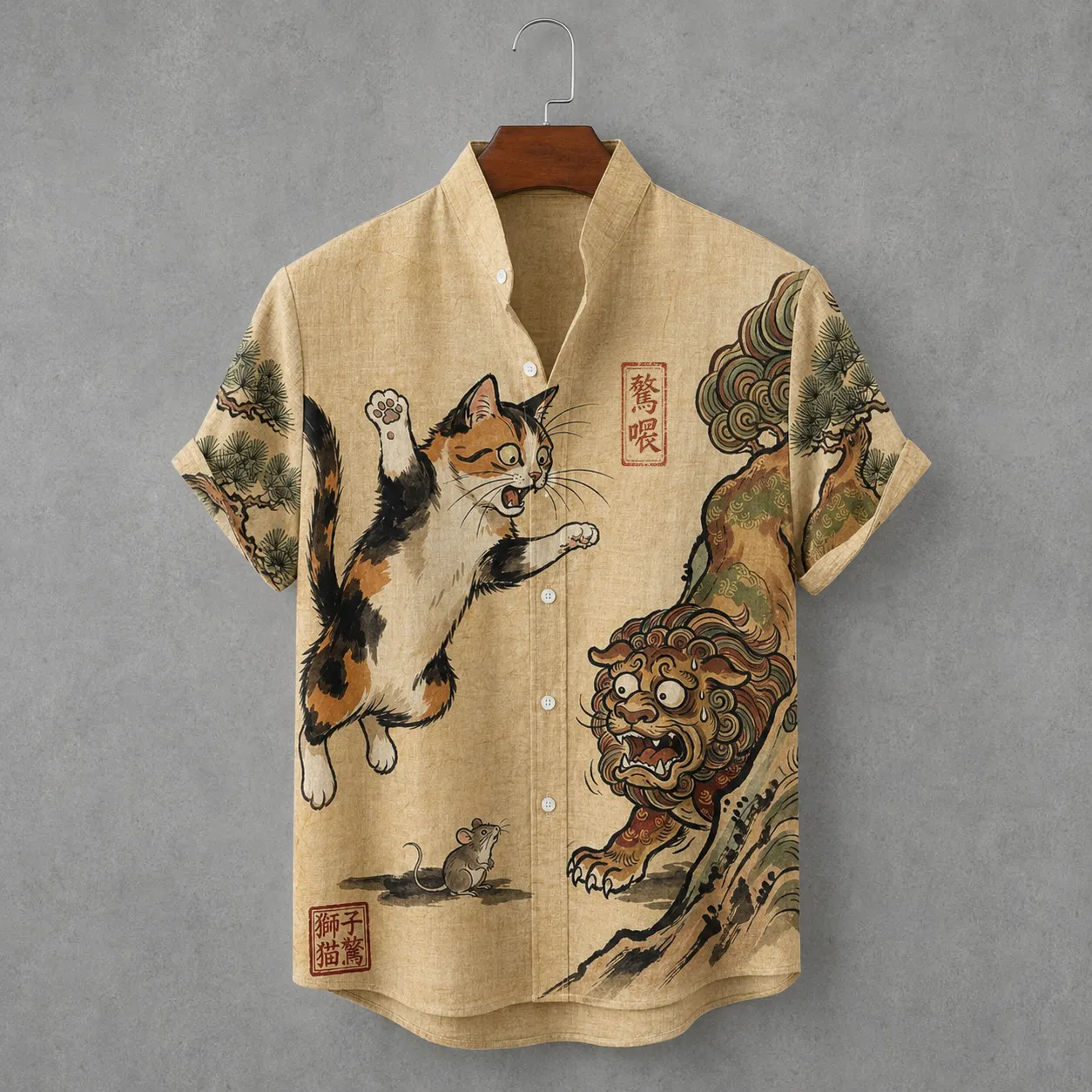 Men's Vintage Japanese Art Print Linen Blend Short Sleeve Shirt  artssus