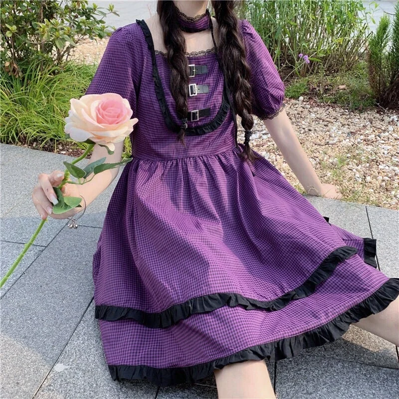Girl Skater Dress Purple Short Sleeve Gothic Dolly Choker Dress Novameme