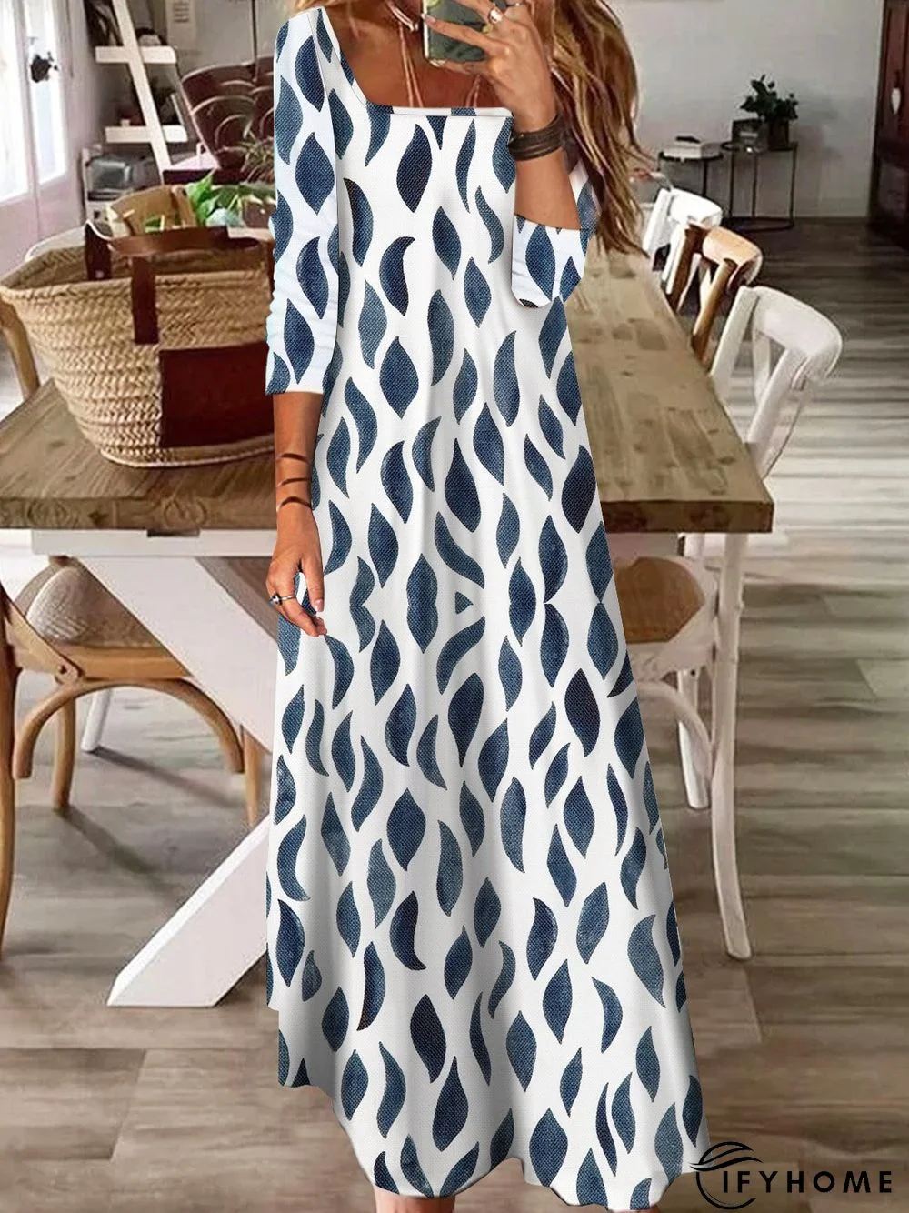 Casual Geometric Printed Square Collar Long Sleeved Dress | IFYHOME