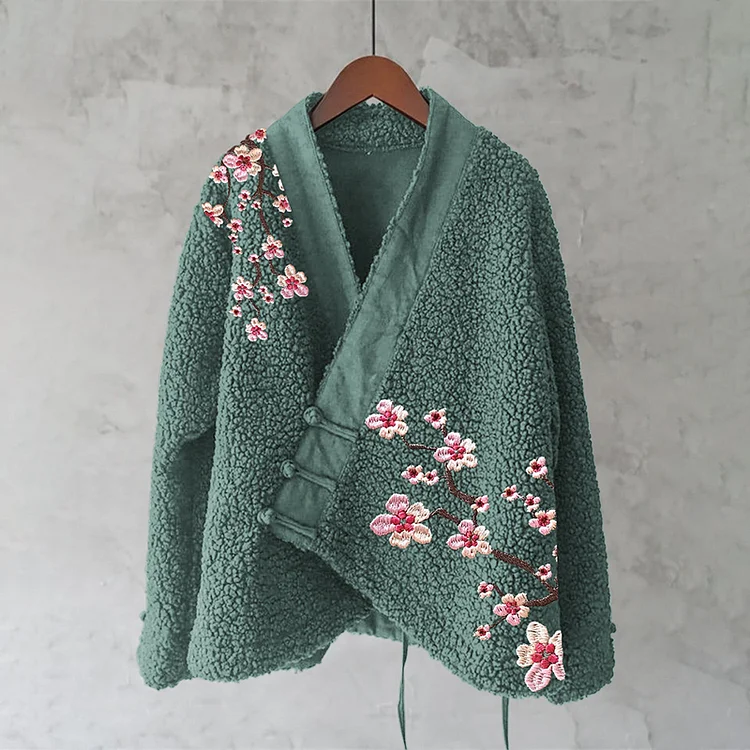 Cherry Blossom Branch Machine Embroidery Pattern Women's Plush Kimono Cardigan