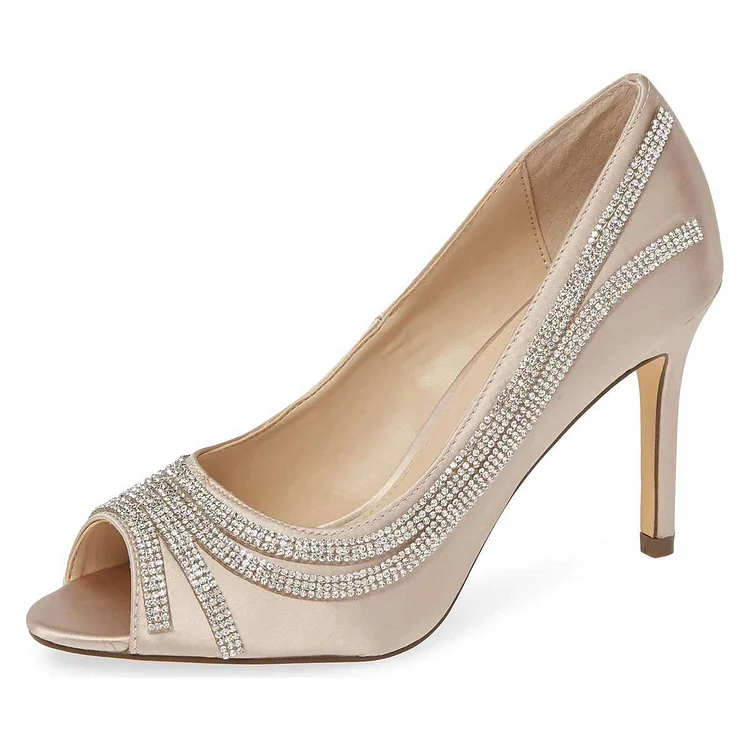 Champagne Satin Bridal Heels Peep Toe Rhinestone Pumps |FSJ Shoes