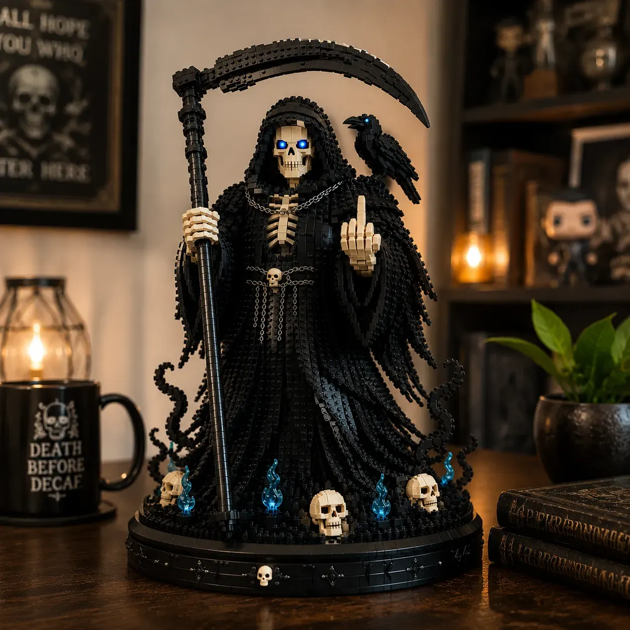 A dark fantasy character assembled from building pieces