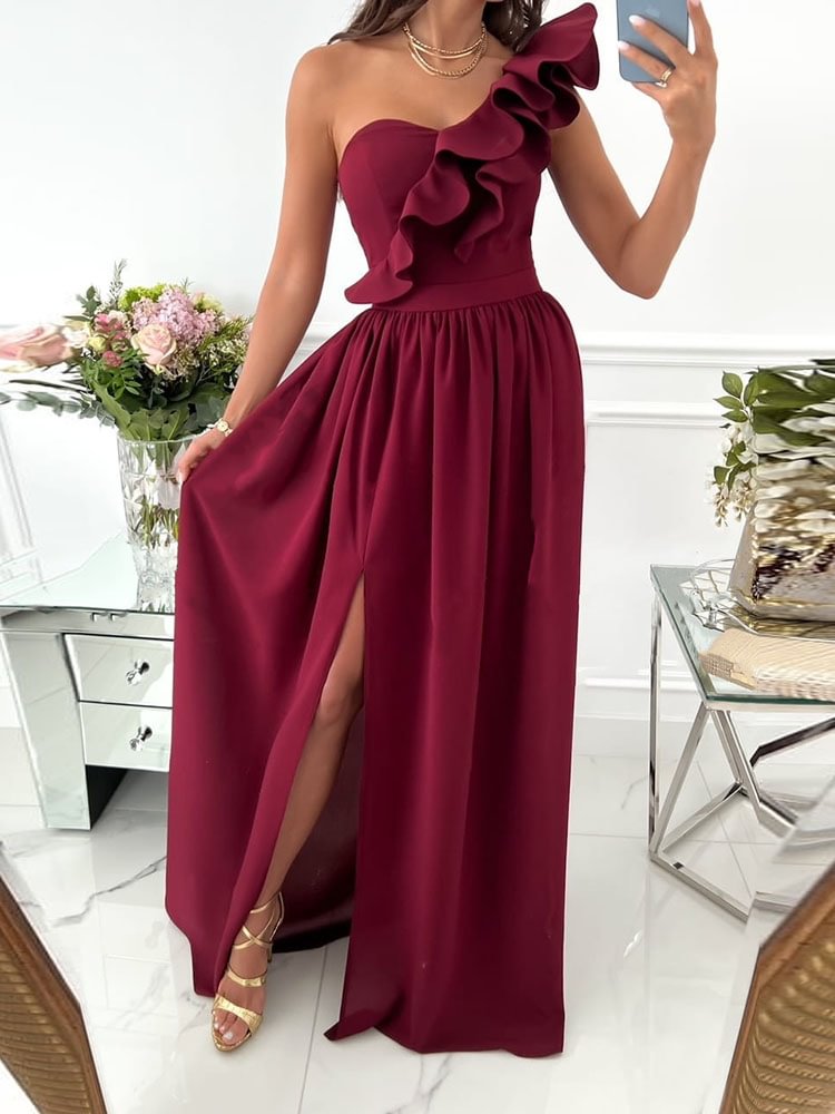 Summer New Sexy Skew Collar Draped Slim Dress Fashion Solid Hollow Out High Split Party Dress Women Casual Long Dress Mujer