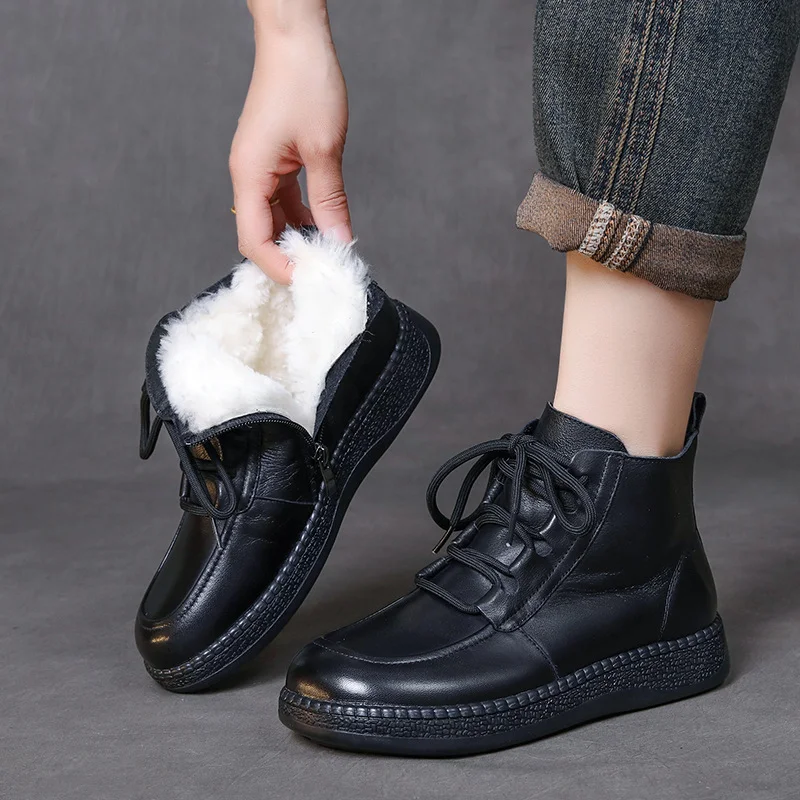 Yyvonne Cowfrepe Retro Wool Short Boots Women 2025 Winter New Round Head With Martin Boots Plus Cotton Boots