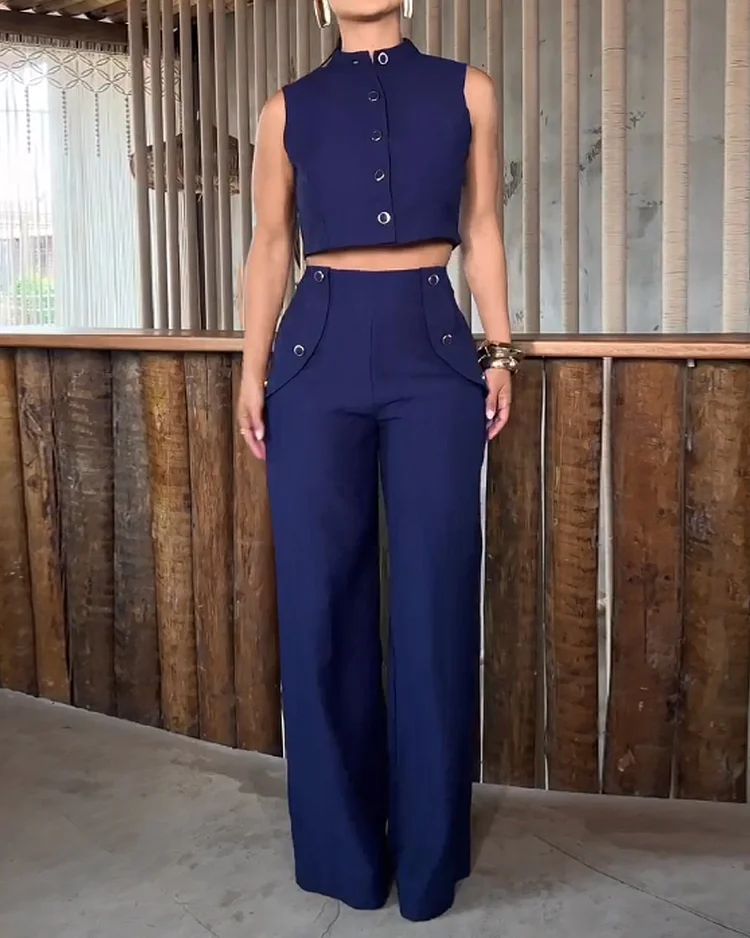 Sleeveless solid color casual two-piece suit