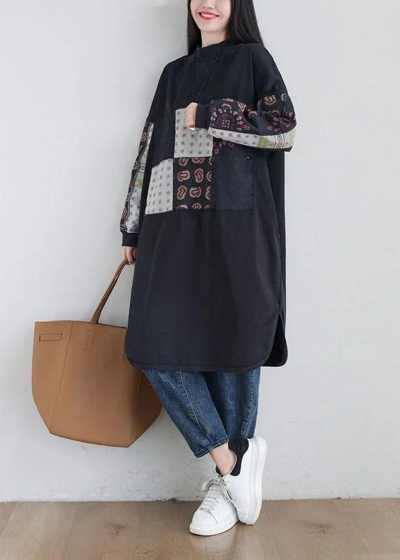 Stylish Black Turtleneck Print Loose Fall Floral Sweatshirts Dress