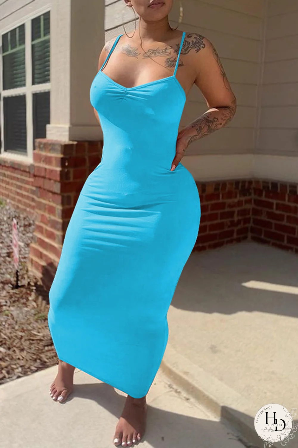 Black Sexy Solid Split Joint Spaghetti Strap Pencil Skirt Dresses