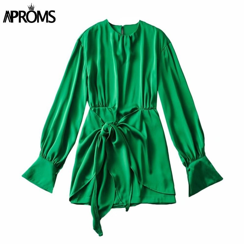Aproms Elegant Green Satin A-line Shirt Dress Women Spring Long Sleeves Bow Tie Pleated Holiday Casual Mini Dresses Female 2022