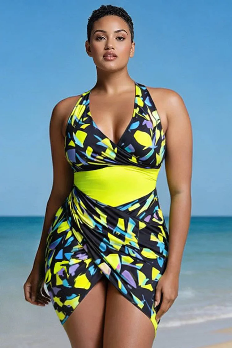 Xpluswear Design Plus Size Beach Multicolor Geometric Wrap Neck Fold Asymmetric Hem Swimsuit Fabric Swimwear Dress [Pre-Order] 2024 - Xpluswear