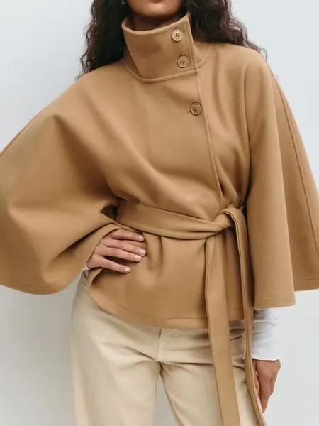 Women's Plain Front Buckle Belted Woolen Cape Coat, Casual Fall & Winter Outerwear, Stylish Daily Wear for Dating, Jackets