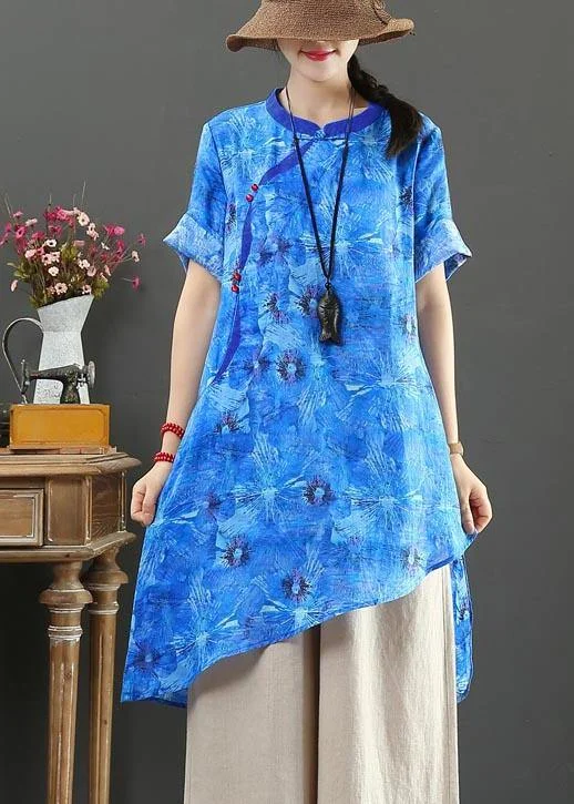 Vintage Purple Print Linen asymmetrical design Shirt Summer