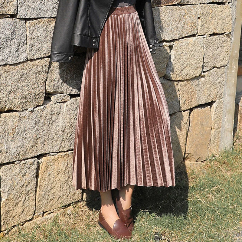 Cartoonh Vintage Velvet Pleated Skirt for Women 2023 Spring New Long High Waist Skirts Korean Fashion A-line Midi Skirt Female