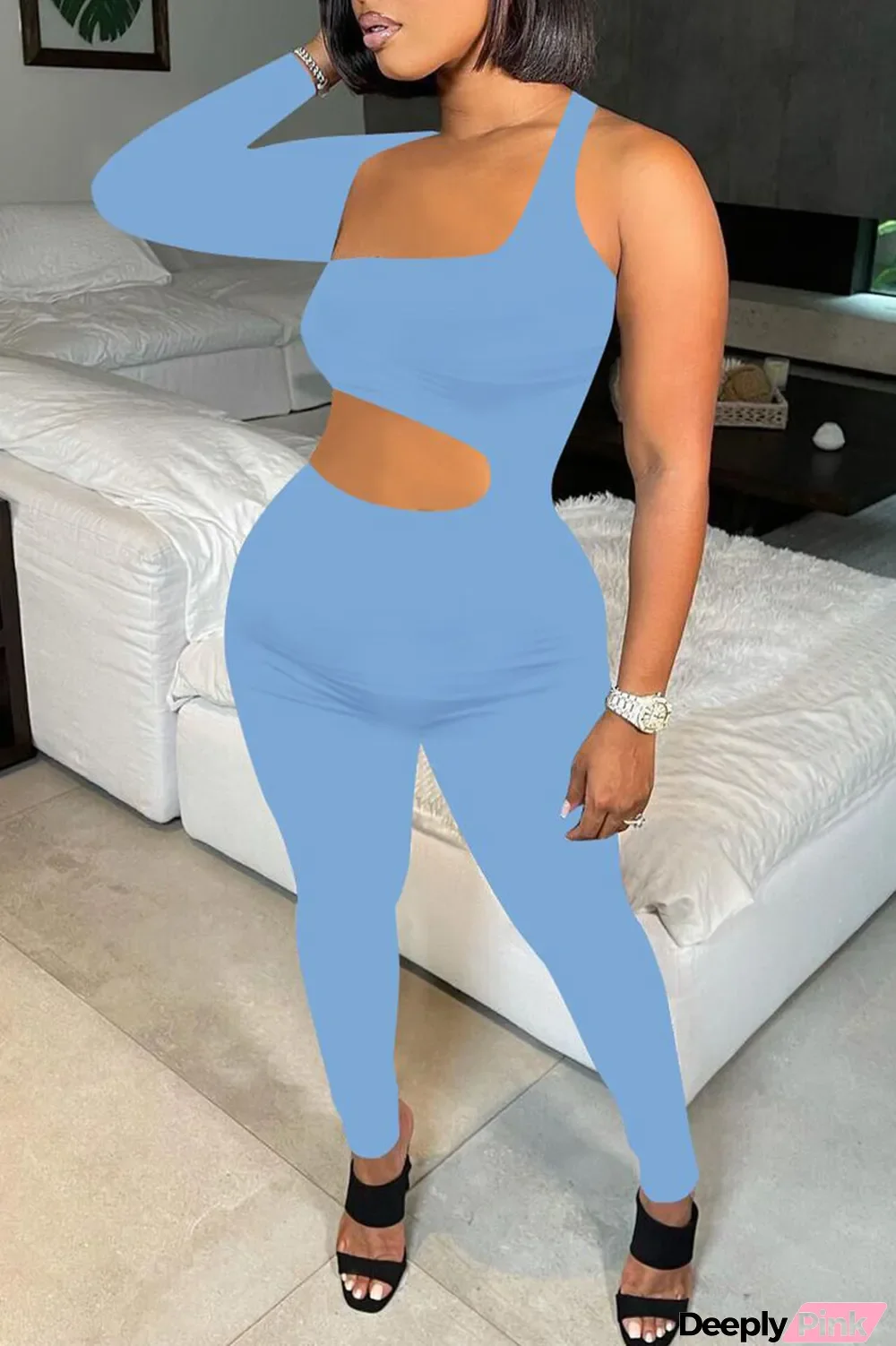 Blue Sexy Solid Hollowed Out Split Joint Asymmetrical Asymmetrical Collar Skinny Jumpsuits
