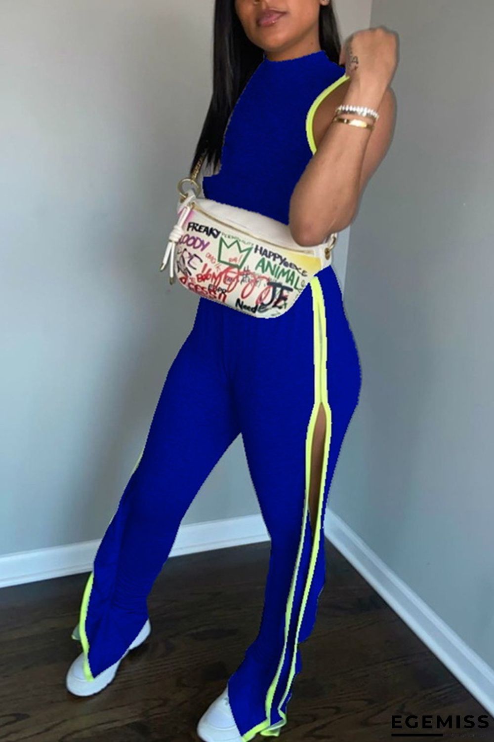 Blue Fashion Sexy Stitching Sleeveless Two-piece Set | EGEMISS