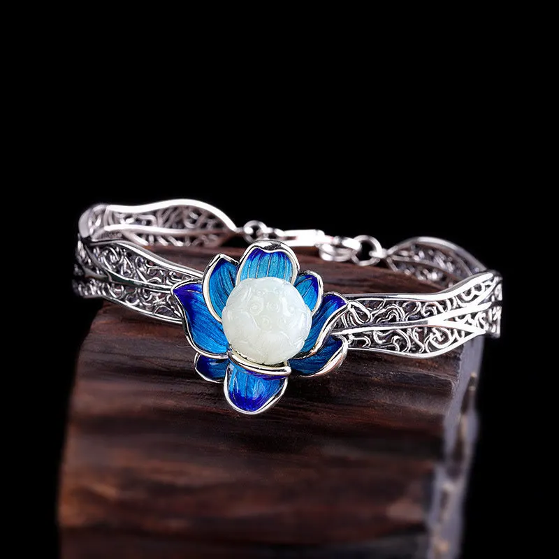 White Jade Blessing 925 Sterling Silver Bracelet Necklace Earrings Ring
