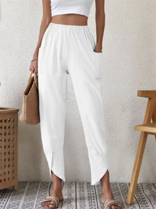Women's Cotton Linen Solid Color Pockets Stitching Casual Pants