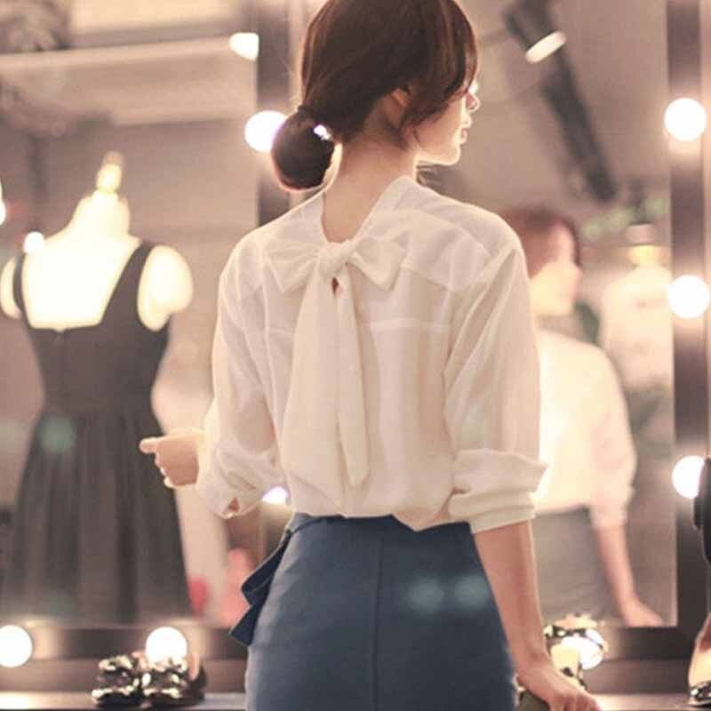 Early Spring Korean Style Tops Wome Long Sleeve Back Bow V-neck Chic Sweet Shirts Solid White Chiffon Blouse Blusas Femme 11571