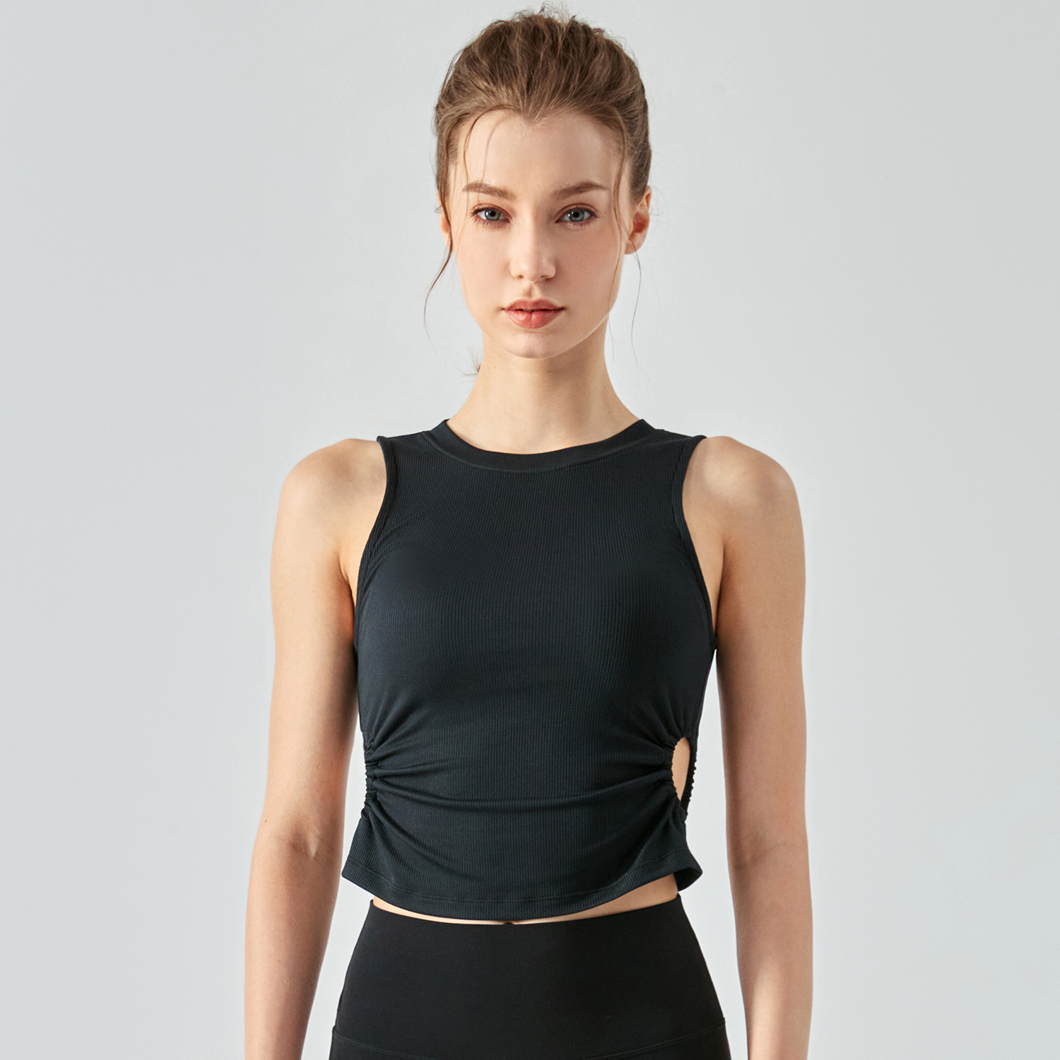 Shop shockproof scrunch side hollow-out ribbed gym tank top with removable cups online on Hergymclothing Black 