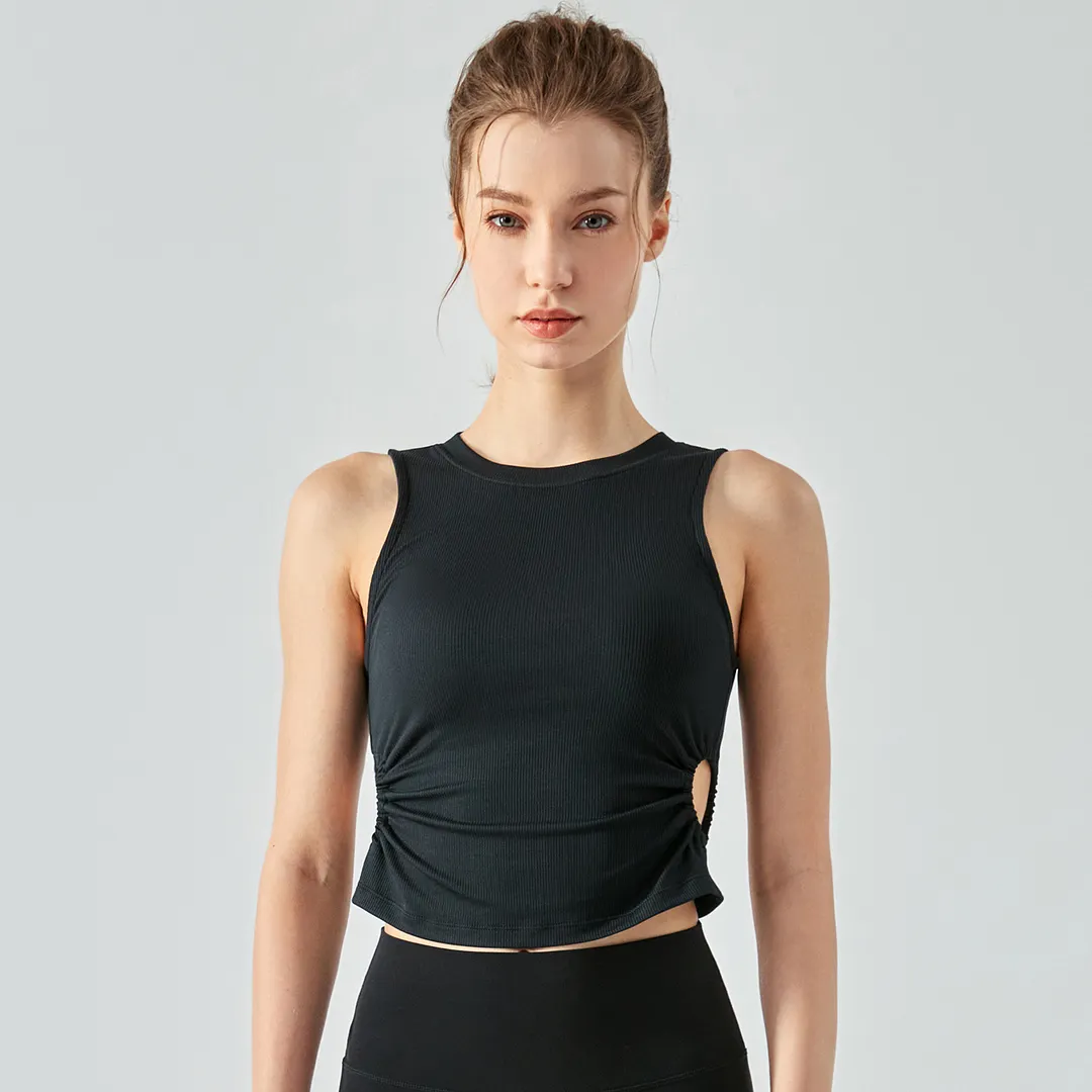 Shop shockproof scrunch side hollow-out ribbed gym tank top with removable cups online on Hergymclothing Black 
