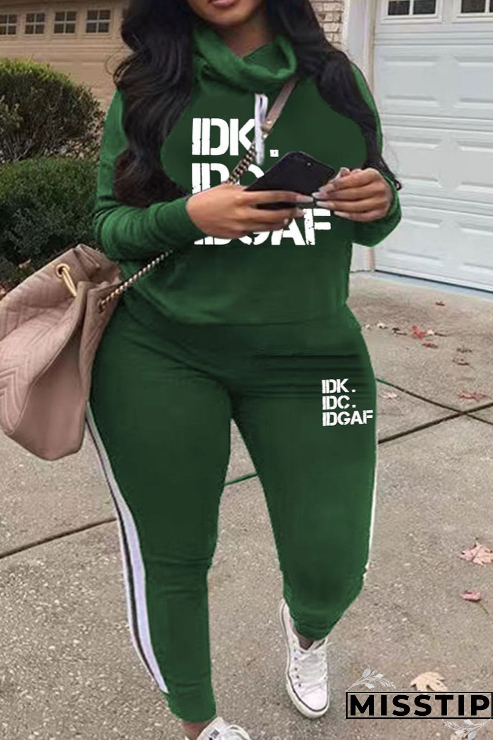 Green Casual Print Patchwork Turtleneck Plus Size Two Pieces