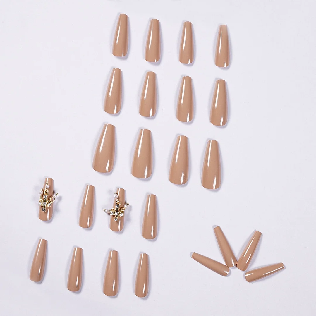 24pcs Tea Color Cross Pendant Fake Nails Full cover Fake Nails Glue DIY Manicure Nail Art Tools-Nail Inspo
