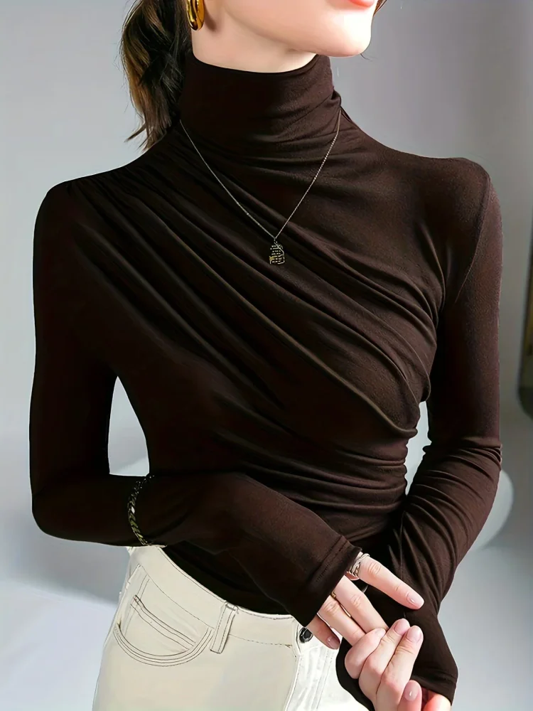 Solid Stylish Ruched Mock Neck Long Sleeve T-Shirt