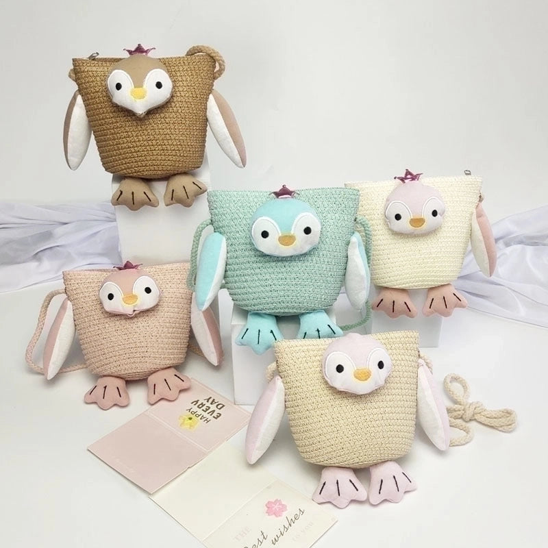 Kid’s Straw Animal Bear Cute Square Zipper Crossbody Bag Straw Bag Coin Purse