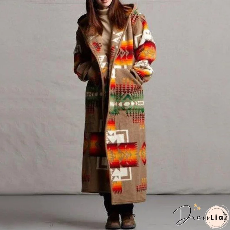 Women Elegant Geometric Print Hooded Coats Fashion Button Pocket Warm Long Cardigan Mujer Autumn Winter Vintage Overcoat Trench