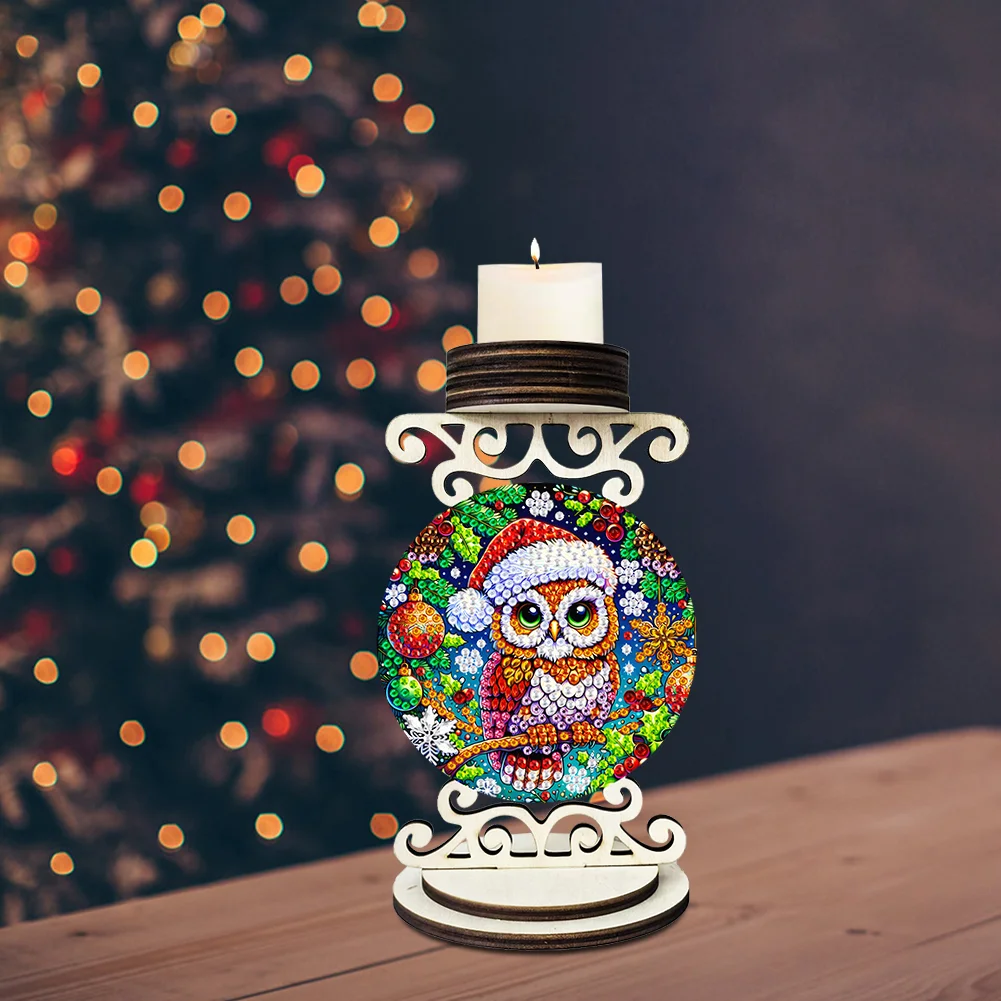 5D DIY Owl Wooden Special Shaped Christmas Theme Diamond Painting Candle Holder