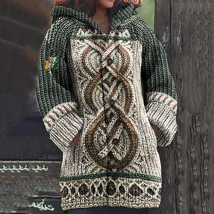 Women's Irish Celtic Jacquard Hooded Button Up Cardigan Sweater