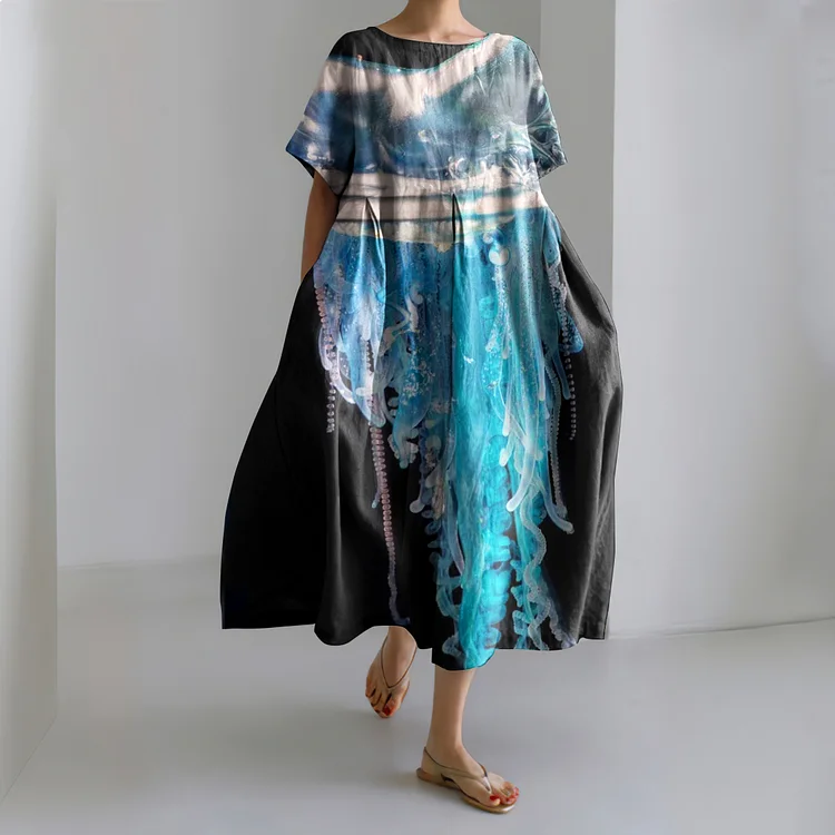 Ocean Night Jellyfish Linen Blend Cozy Maxi Dress