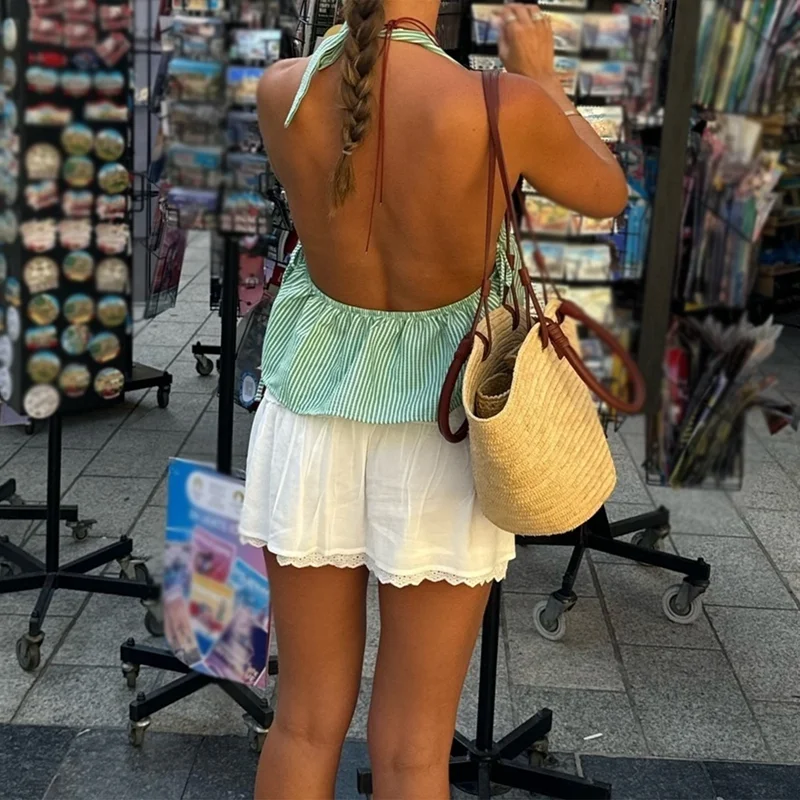 Women Holiday Plaid Babydoll Tank Tops Coquette Tie-up Halter Neck Sleeveless Vest Summer Backless Crop Tops