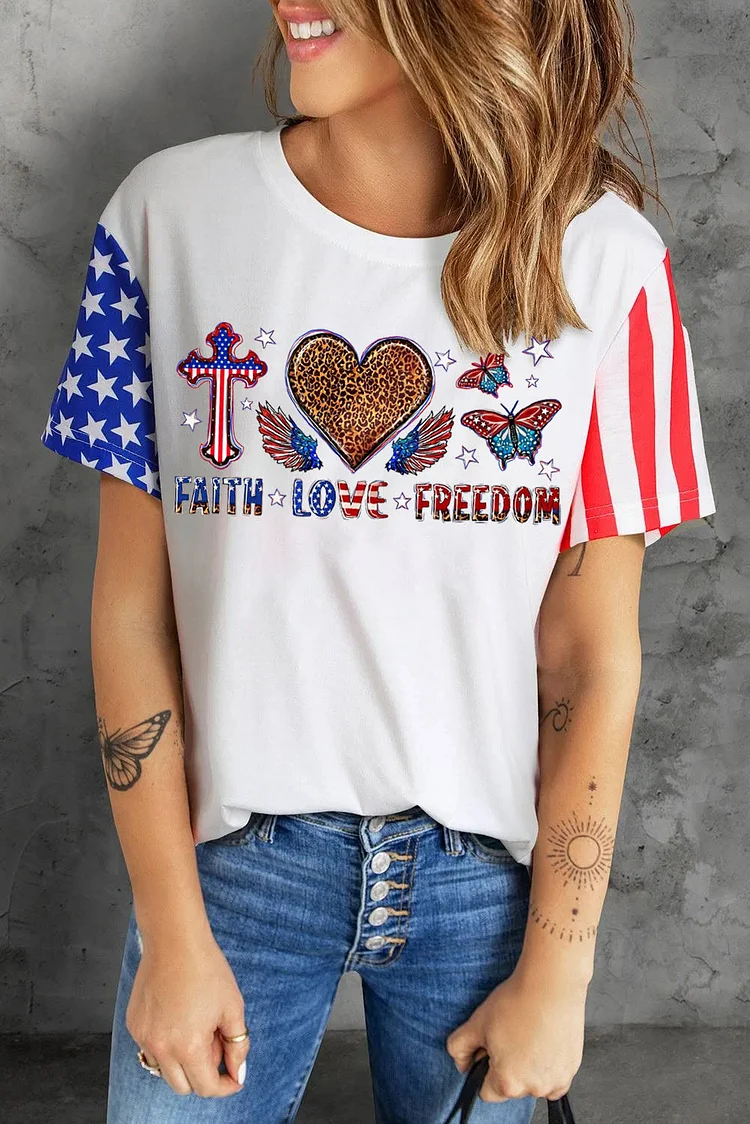 Women's Faith&Love&Freedom Contrasting Sleeve Print 4th Of July T-Shirt socialshop