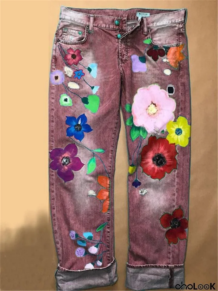 Washed Effect Floral Mom Jeans