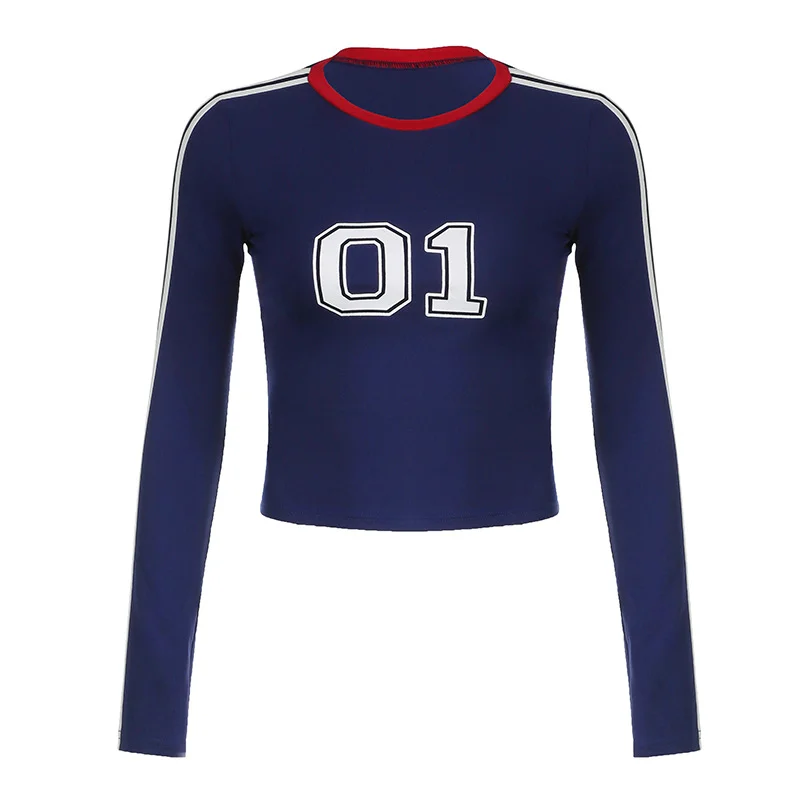 Ueong Leisure Digital Printed T-Shirt Hot Girls Sexy Tight Short Style Hit Color Round-Neck Long-Sleeved Blouse