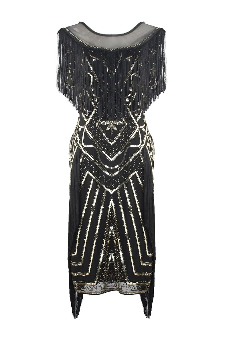 1920s Black Gold Retro Sequin Fringe Round Neck Sleeveless Midi Dress