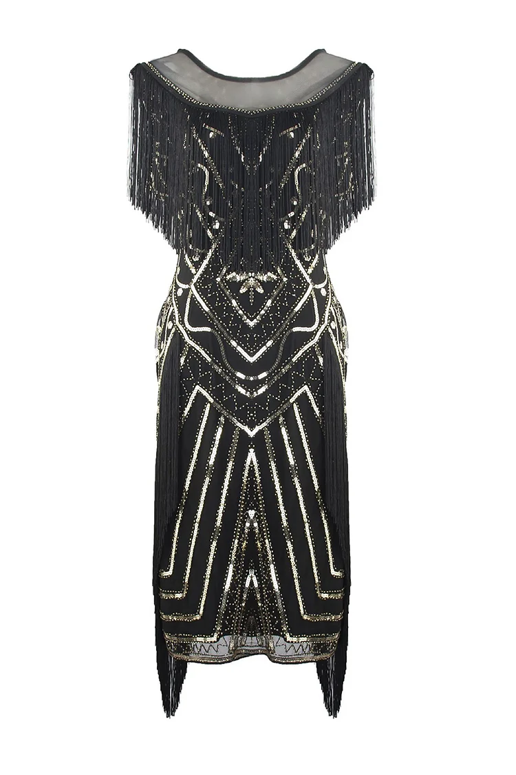 1920s Green Cocktail Party Retro Sequin Fringe Round Neck Sleeveless Midi Dress