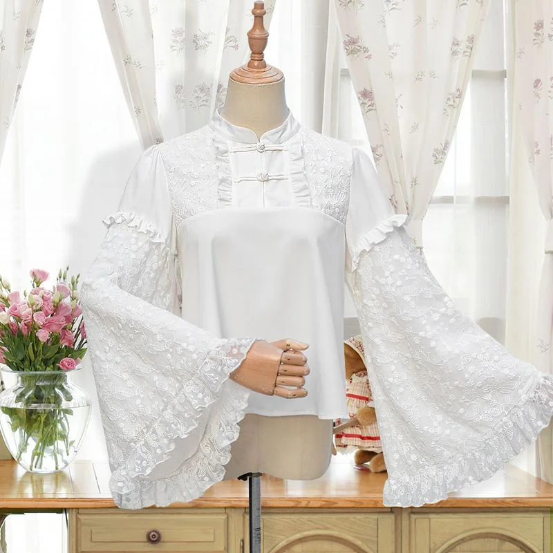 Lolita Fashion Bell-Sleeve Frog-Button Lace Blouse YP18