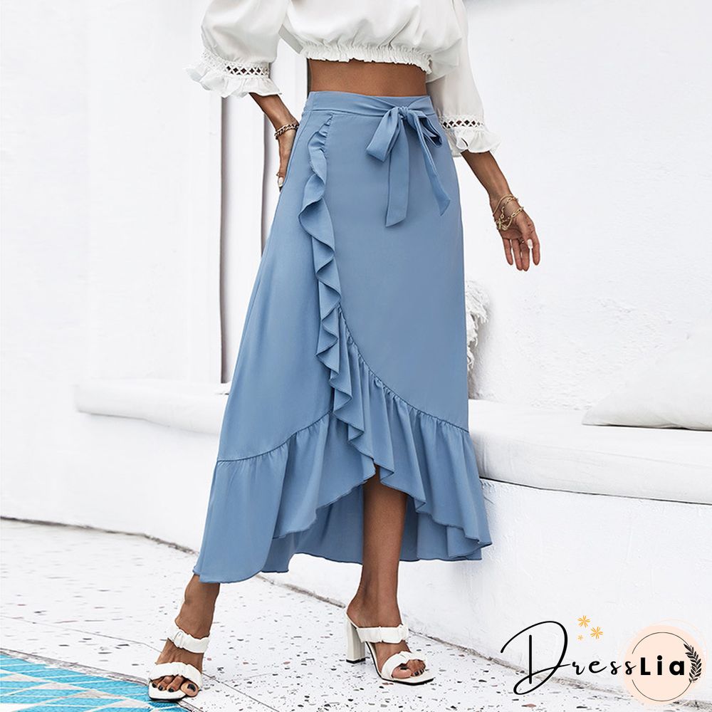 Womens Clothing Skirts Blue Solid Color Spring Autumn Skinny Skirt Lace High Waist Ruffle