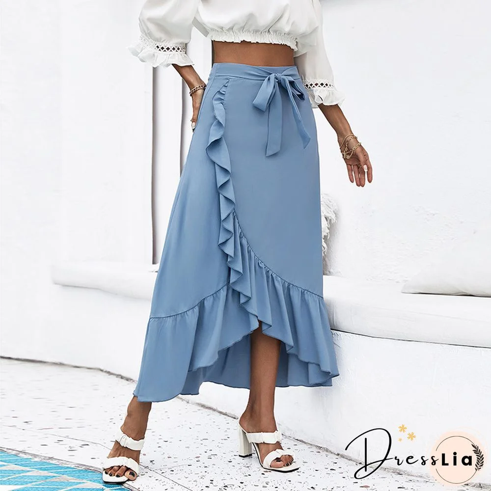 Women's Clothing Skirts Blue Solid Color Spring Autumn Skinny Skirt Lace Up High Waist Ruffle Hem Midi A-line Skirt